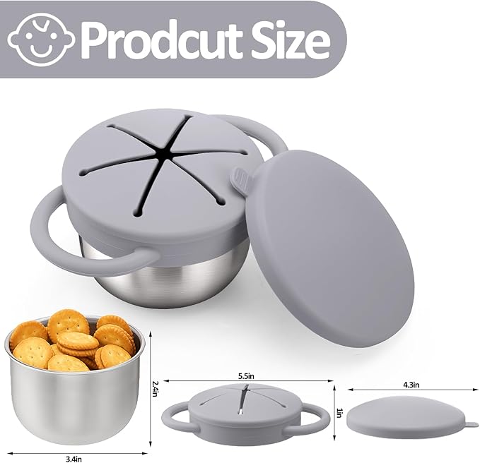 BUSOHA 2 Pack Stainless Steel Toddler Snack Cups - 9 OZ Snack Cups for Toddlers Spill Proof with Catcher and Lid Travel Snack Containers for Kids Food Grade Silicone Dishwasher Safe