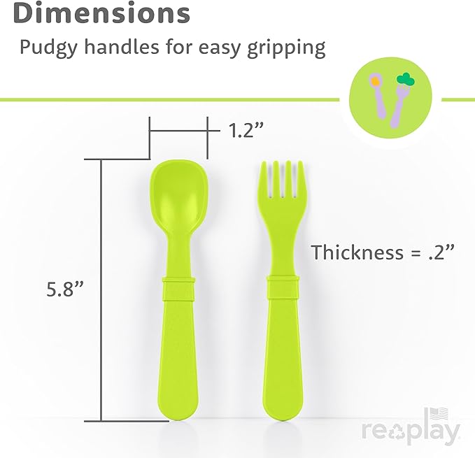 Re-Play Toddler Forks and Spoons Set - 4x4 Utensils Set for Kids - Dishwasher and Microwave Safe - Made in USA - Set of 8-5.8" x 1.2" x 0.2" - Aqua Asst