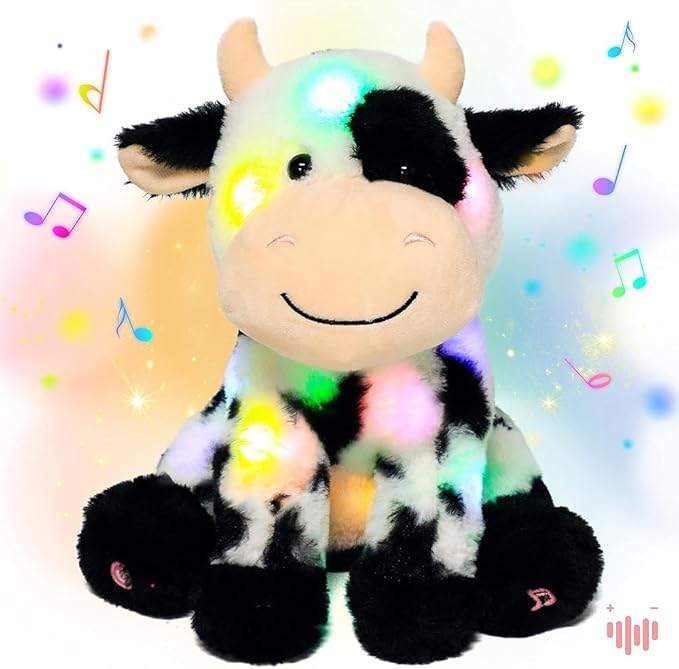 Hopearl LED Musical Stuffed Smile Cow Lighting Up Singing Plush Toy Adjustable Volume Lullaby Animated Soothe Birthday Festival for Kids Toddler Girls, 11'