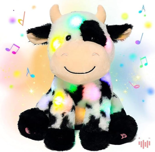 Hopearl LED Musical Stuffed Smile Cow Lighting Up Singing Plush Toy Adjustable Volume Lullaby Animated Soothe Birthday Festival for Kids Toddler Girls, 11'