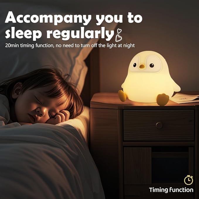 Novelty Cartoon Penguin Silicone Night Light Rechargeable Timing Dimming Nursery Sleep Night Lamp for Baby Room Decor