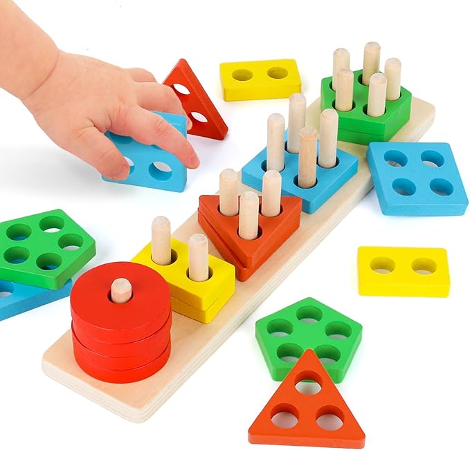 LovesTown Stacking and Sorting Learning Puzzles, Montessori Wooden Sensory Toys for Toddlers, 20 PCS