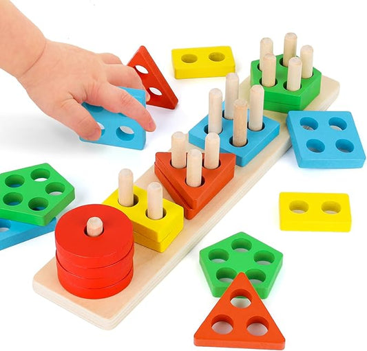 LovesTown Stacking and Sorting Learning Puzzles, Montessori Wooden Sensory Toys for Toddlers, 20 PCS