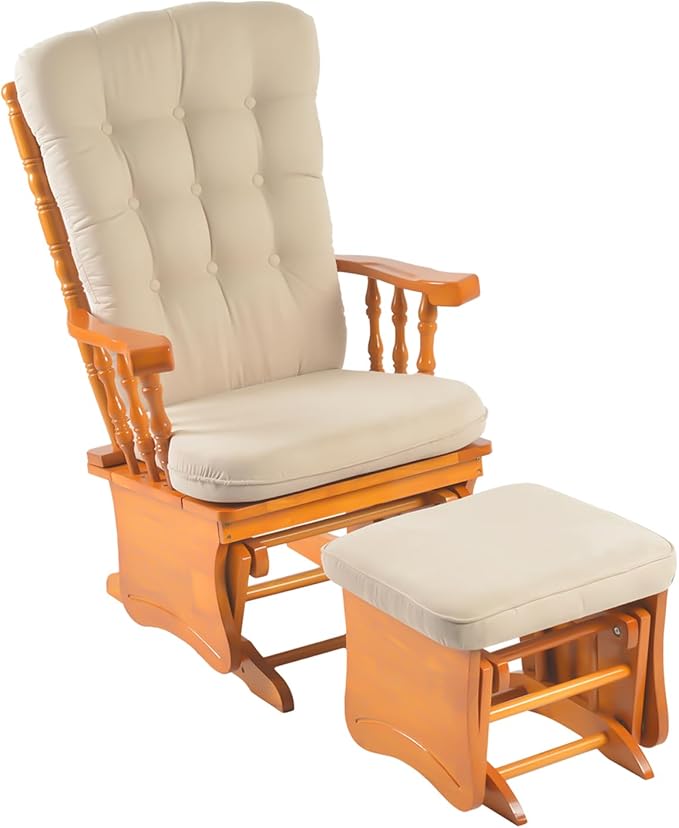 Solid Wood Anti-Pinching Rocking Glider Chair with Ottoman Cushion Set, Nursery Rocking Chair for Living Room Bedroom Reading Room, Honey