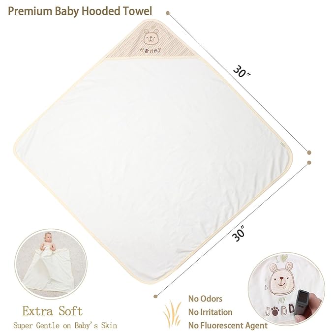 6-Pack Baby Hooded Towel and 5 Washcloths Set, Premium Ultra Soft Reusable 100% Organic Cotton Baby BathTowel, Baby Blanket for Newborns, Infants, Toddlers, Stripes, 30 x 30 Inch