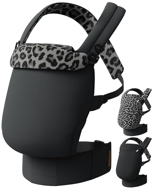 Reversible Baby Carrier – Black Solid & Leopard Print; Lightweight & Breathable Lyocell Fabric; Ergonomic Lumbar Support and Quick Hands-Free Wear for Newborn to Toddler (7–44 lbs)