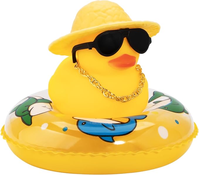 wonuu Car Rubber Duck, Yellow Duck Decoration Dashboard with Sun Hat Swim Ring Necklace Sunglasses for Car Dashboard Decorations (Blue Sun Hat-Blue Dolphin)