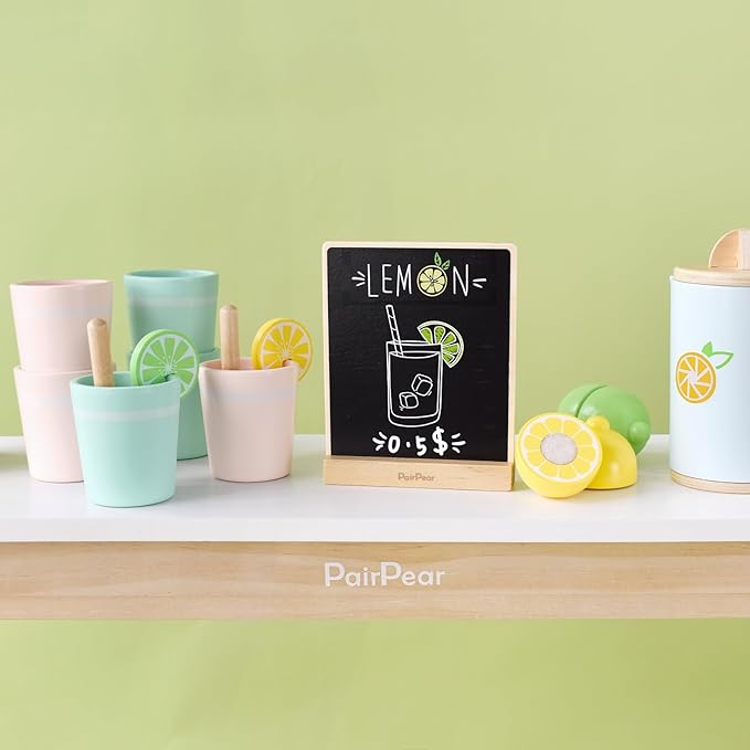 PairPear Wooden Lemonade Stand Play Set, Kids Play Food Pretend Play Lemonade Stand Play Set, Montessori Pretend Kitchen & Market Toy for Toddlers Ages 3+