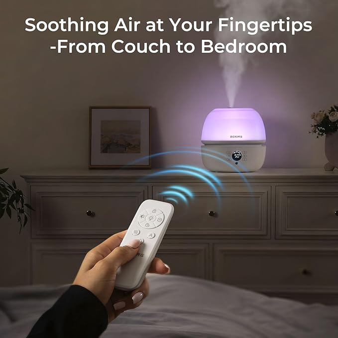 BOXING Top Fill Humidifiers for Bedroom Baby with Humidistat, 20dB Quiet Air Humidifier for Large Room & Indoor Plants with Remote, Cool Mist Diffuser for Home, 7 Color Light, Essential Oil Tray,Timer