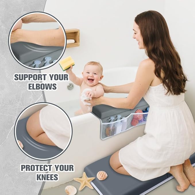 SKEFOLI Baby Bath Kneeler and Elbow Rest pad Set,1.5" Thick Baby Bath Kneeler Pads with Toys Organizer, Elbow Pads to Support The arm, Baby Bath Essentials, Ideal Bath Kneeling Pad for Bathing Baby