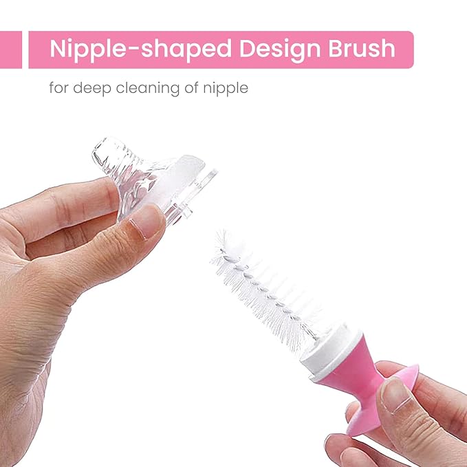 5-in-1 Baby Bottle Brush Set, Including Nylon and Silicone Bottle Brush, Cap, Straw, Nipple Brushes, BPA-Free (Pink)