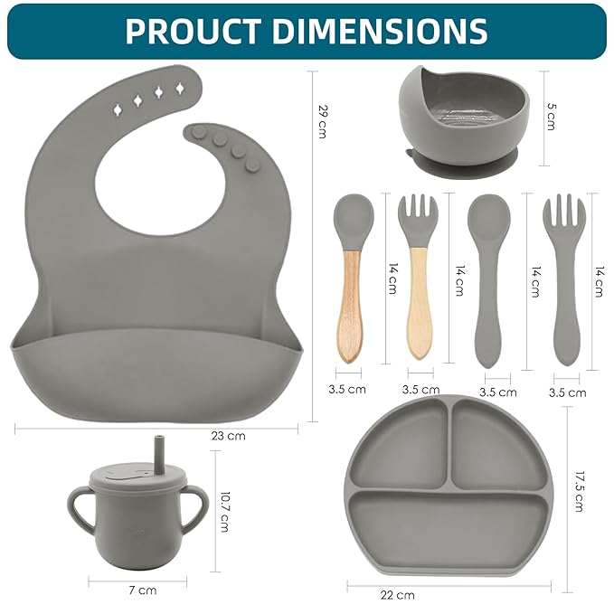100% Silicone baby feeding set,BPA free Baby dishes set with Suction Bowl Divided Plate,Toddler Self Feeding Dish Set with Spoons Forks Sippy Cup And Bib, Baby Eating Utensils (Grey)