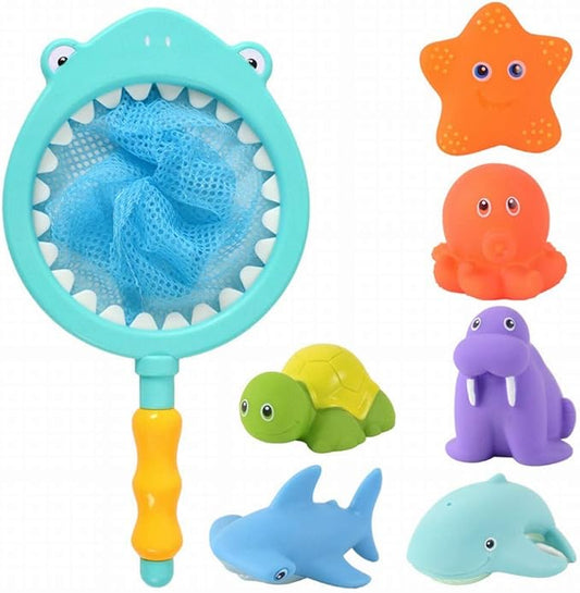 Bath Toy , Fishing Floating Animals Squirts Toys Games Playing Set with Fishing net , Fish Net Game in Bathtub Bathroom Pool for Babies Toddlers and Kids (Blue)