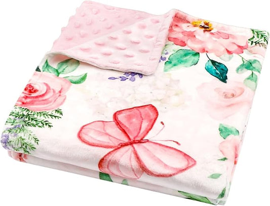 Baby Blankets for Girls Super Soft Minky Toddler Blanket 30x40 Inches, Double Layer, Dotted Backing, Floral Baby Crib Blanket for Nursery, Baby Car Seat, Pet, Pink Flower