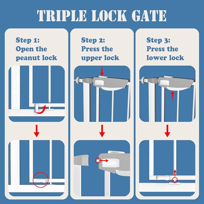 DEARBB Triple Lock Baby Gate for Stairs Doorways and House 31" to 86" Extra Wide Pressure Mounted Easy Walk Through Auto Close Safety Pet Gate White 31.1-48.42"