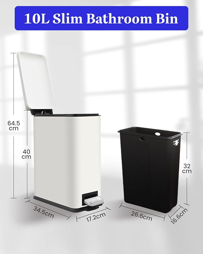 Trash Can with Lid, 10L Bathroom Waste Bin, Small Pedal Bin, Stainless Steel Garbage Can for Bathroom, Bedroom and Office, White