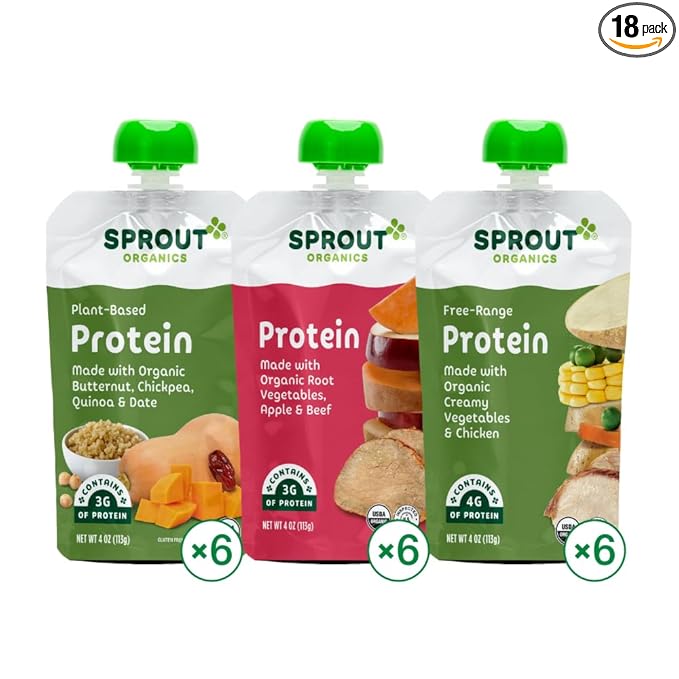 Sprout Organic Baby Food, Stage 3 Pouches, Root Veg & Beef, Creamy Veg & Chicken, Garden Veg & Turkey Variety Pack, 4 Oz Purees (Pack of 18)