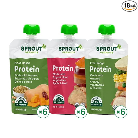 Sprout Organic Baby Food, Stage 3 Pouches, Root Veg & Beef, Creamy Veg & Chicken, Garden Veg & Turkey Variety Pack, 4 Oz Purees (Pack of 18)