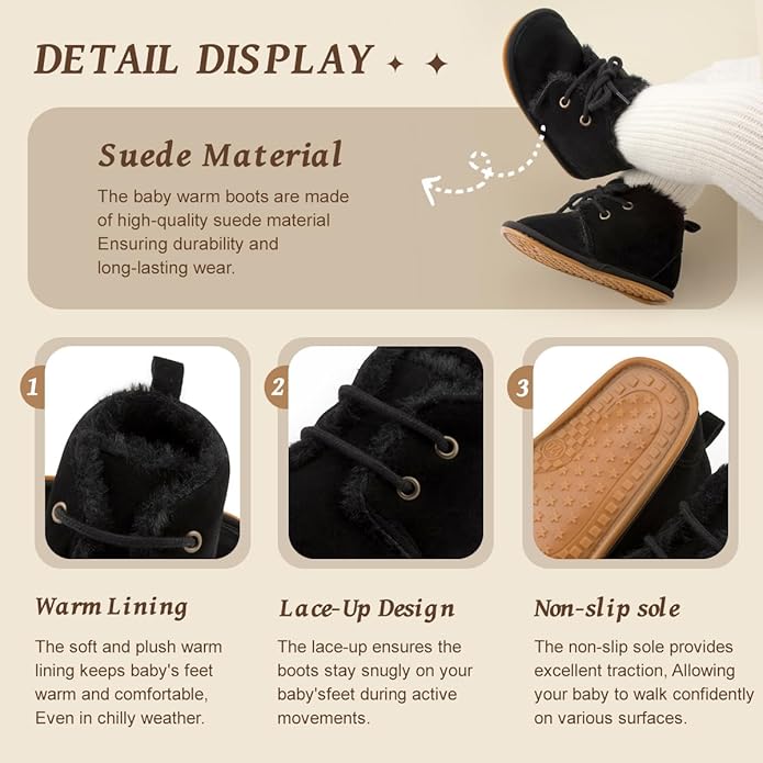 Baby Unisex Warm Snow Boots Newborn Leather Fur Lace Up Ankle Anti-Slip Rubber Texture Sole Toddler Prewalker Winter Crib Shoes