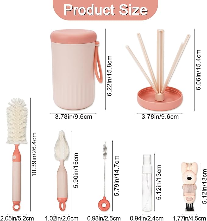 Travel Bottle Cleaner kit, 7 in1 Electric Baby Bottle Brush Cleaner Set with Silicone Brushes, Soap Dispenser, Drying Rack, Storage Box and Gap Cleaning Brush for Home Picnic Travel Outdoo