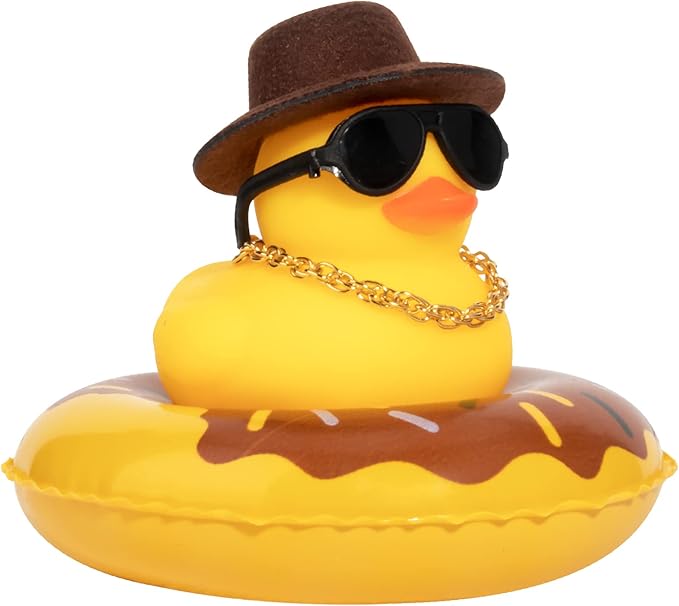 wonuu Car Rubber Duck, Yellow Duck Decoration Dashboard with Sun Hat Swim Ring Necklace Sunglasses for Car Dashboard Decorations