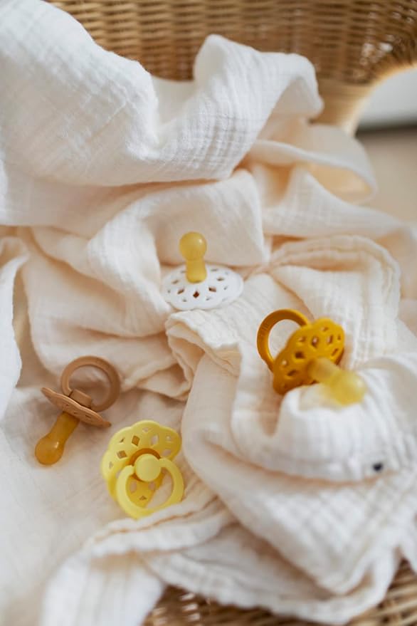 BIBS Boheme Pacifiers 2 Pack BPA Free Cherry Shape Nipple | White/Sunshine | Size 6-18 Months