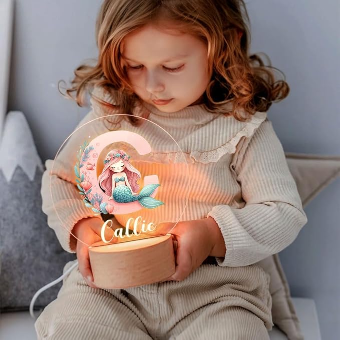 Personalized Mermaid Girl Night Light, Custom Name Acrylic LED Light 37 Patterns Option Nursery Decoration