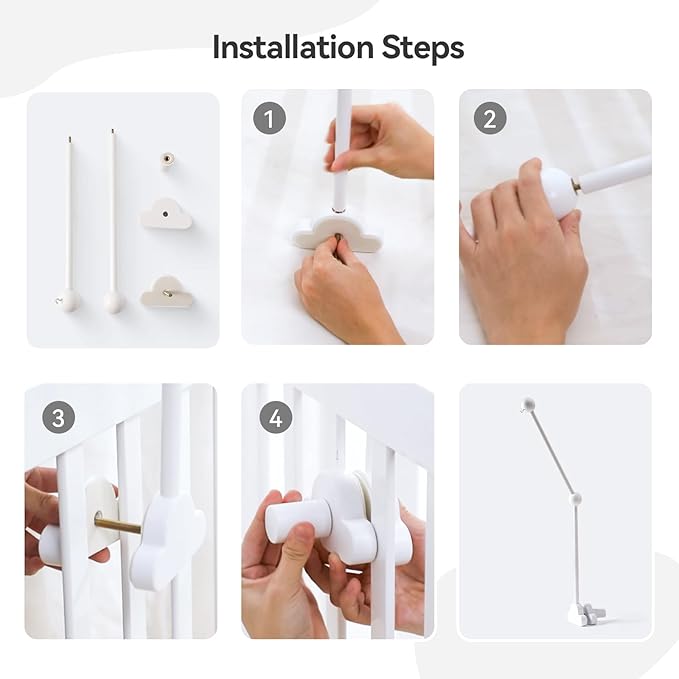 OESSUF Baby Crib Mobile Arm, 27 Inch Wood Hanger, White Cloud Design, Nursery Mobile Holder for Cot Bed (White)