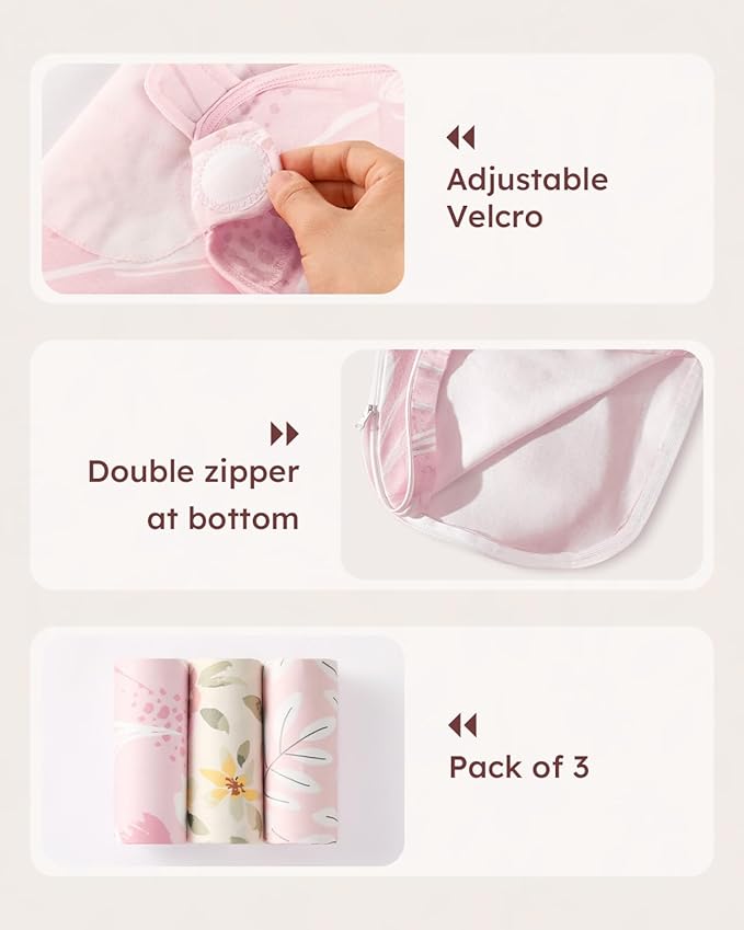 Baby Swaddles for Newborns with Zipper, 100% Cotton Newborn Swaddle Sack, 3 Pack Baby Swaddles 0-3 Months Swaddle Sleep Sack for Newborn Baby Boy Girl Pink Flower