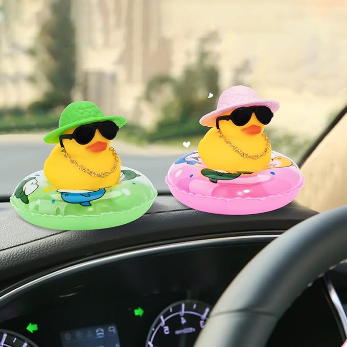 wonuu Car Rubber Duck, Yellow Duck Decoration Dashboard with Sun Hat Swim Ring Necklace Sunglasses for Car Dashboard Decorations