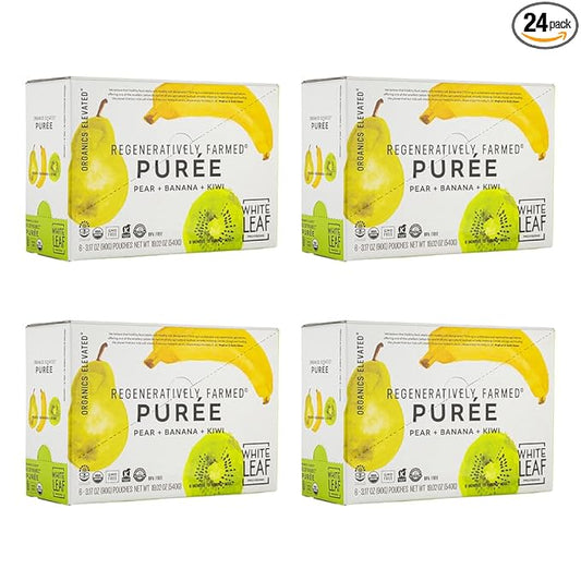 White Leaf Provisions Organic Purees / Baby Food Pouches - Fruits, Veggies & Grains, Toddler snack, Regeneratively Farmed, No Added Sugar, Non-GMO, BPA-Free Pouches 3.17 oz (Pack of 24, Pear + Banana + Kiwi)