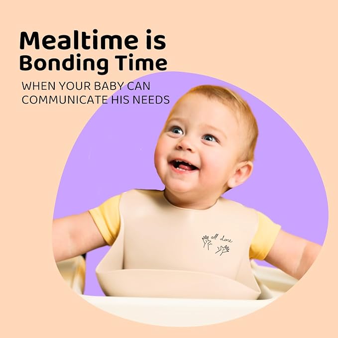 APLAINR Baby Sign Language Bib, Silicone Baby Bibs, ASL Graphics, Food Catcher, Adjustable, Waterproof, Soft, 6-36 Months