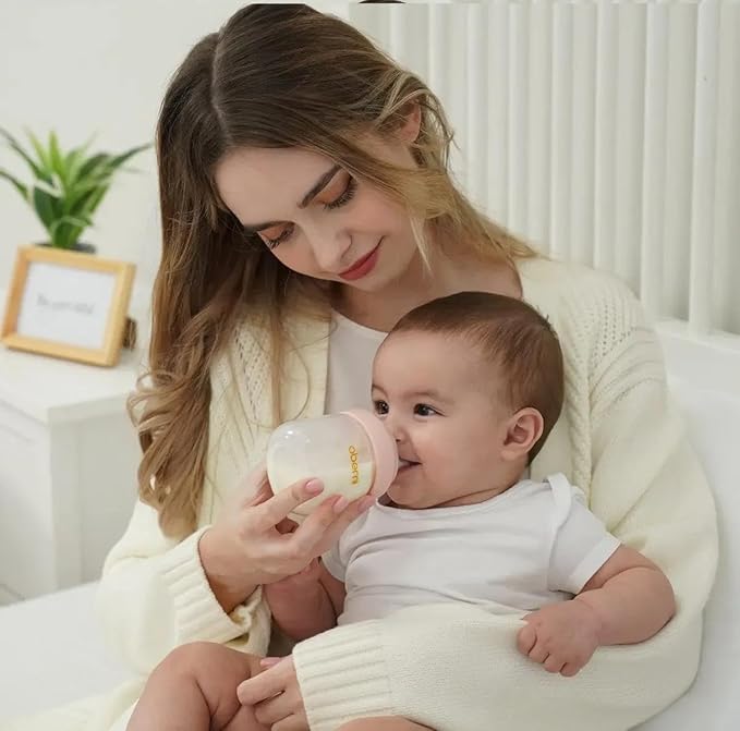 Baby Bottles with Slow Off-Centered Nipple for 0+ Months, Anti Colic Newborn Milk Feeding Bottle, 150ml/5oz/Pink/3Pack