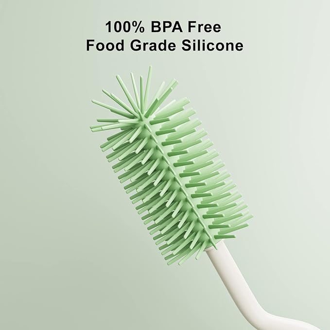 Silicone Bottle Brush Set with Stand, 360° Rotating Bottle Cleaning Brush Cleaner Set, Long Handle 3 in 1 Multipurpose Silicone Baby Bottle Straw Cleaner Brush (Green)
