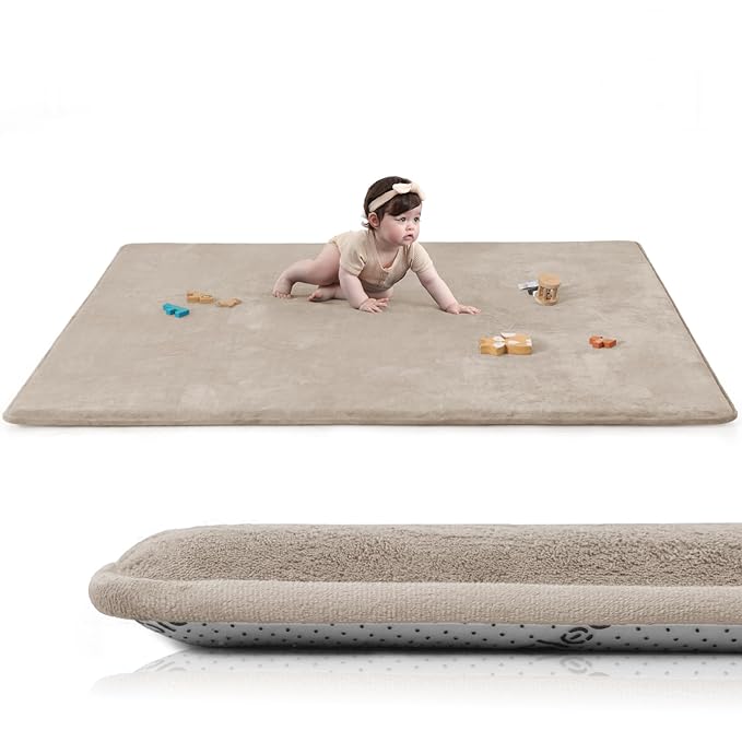 Baby Play Mat for Floor,Extra Large 79"×118" Tummy Time Mat,Thicker Memory Foam Mats for Toddler,Infant,Kids,Water Repellent Ultra Soft Coral Velvet,Non-Slip Backing Safe for Crawling(Beige)