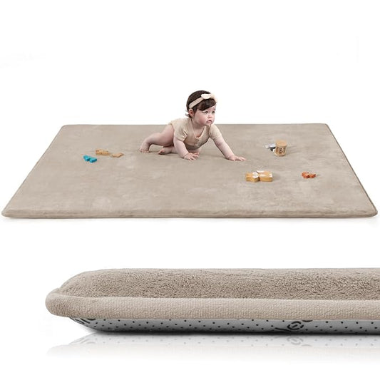 Baby Play Mat for Floor,Extra Large 79"×118" Tummy Time Mat,Thicker Memory Foam Mats for Toddler,Infant,Kids,Water Repellent Ultra Soft Coral Velvet,Non-Slip Backing Safe for Crawling(Beige)