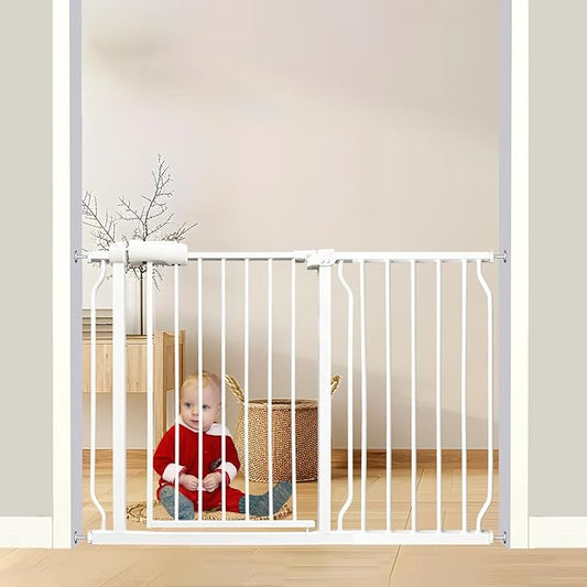 Extra Wide Baby Gate - 43.3-48 Inch Tension Mounted Safety Child & Pet Gate - White Metal - Walk Through - Long - for House Doorways & Stairs