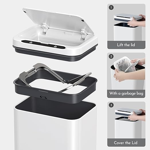 ELPHECO Stainless Steel Office Trash Can Motion Sensor Garbage Can Touchless Smart Trash Can Automatic Waste Bin for Kitchen, Office, Bathroom (White, 3.5 Gallons)