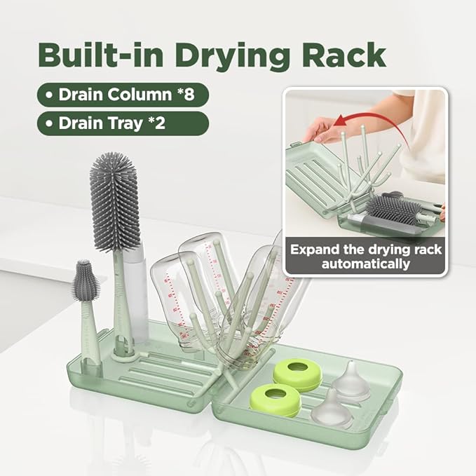Travel Bottle Brush, Travel Bottle Cleaner Kit with Bottle Drying Rack, Transparent Green
