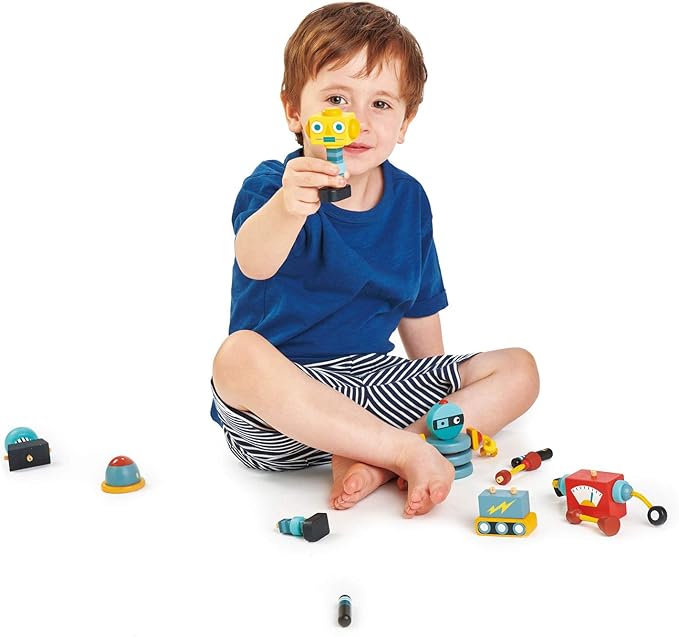 Tender Leaf Toys - Robot Construction - 17 Pieces Wooden Construction Set to Build and Stack 3 Robot in Endless Variations - Develops Problem Solving Skills and Imaginative Play for Children 3+
