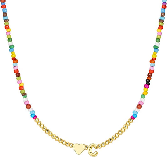 M MOOHAM Stocking Stuffers for Teen Girls Christmas Gifts - Heart Initial Necklaces for Women Kids Colorful Beaded Tiny Heart Initial Choker Necklace Jewelry for Teen Girls Trendy Birthday Gifts