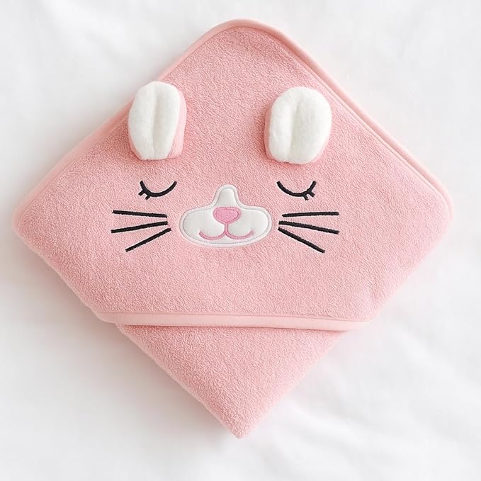 Hooded Baby Bath Towel for Girls – Soft & Absorbent Pink Animal Design | Plush Newborn & Toddler Bath Wrap