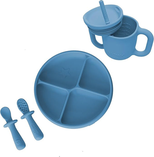 TalkTools ITSY Silicone Baby Plates Set with Suction – Feeding Essentials for Toddlers 6–12 Months+ | BLW Mealtime Set with Twin Spoon, Spill-Proof Sippy Cup | Self-Feeding Utensils (Ocean)