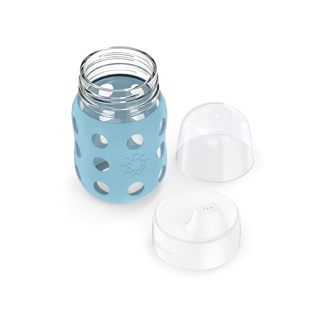 Lifefactory 8-Ounce Wide Neck Glass Baby Bottle with Protective Silicone Sleeve and Hard Sippy Spout, Denim (LG2221WDE4)