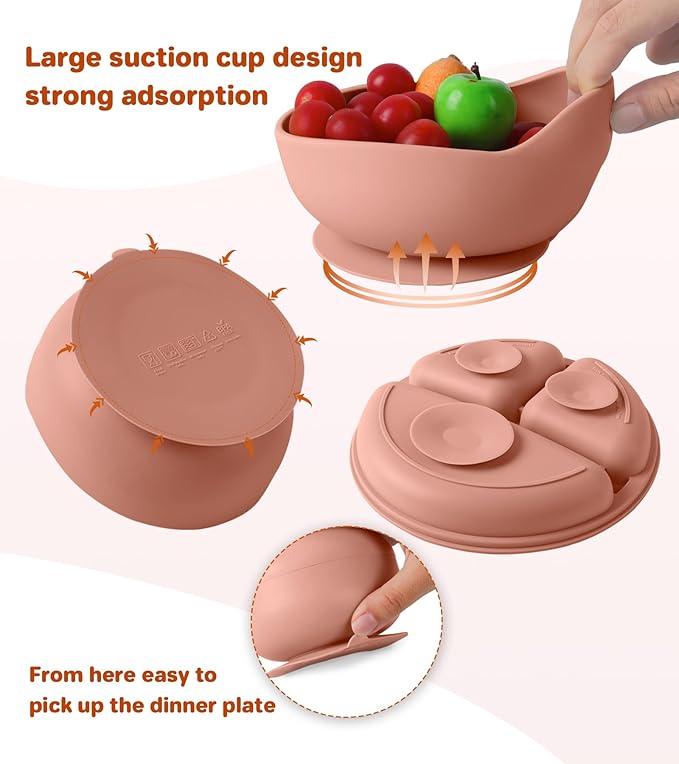 ECLIP Silicone Baby Feeding Set, 10 Pcs Baby Eating Essentials with Suction Bowl Divided Plate Adjustable Bib Soft Spoon Fork Snack Cup with Lid Drinking Cup, Utensil (Brick Red)