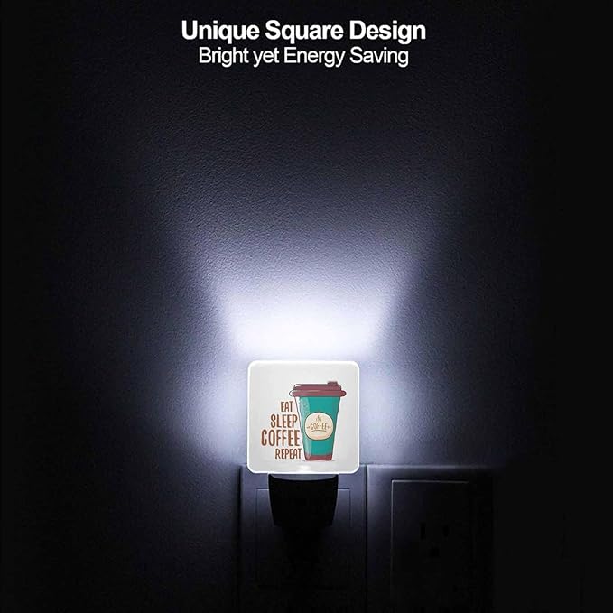 LED Night Light,Eat Sleep Funky Coffee LED Night Light Plug into Wall with Dusk to Dawn Light Sensor White Energy Efficient Nightlight for Bedroom Bathroom Hallway Living Room Kitchen