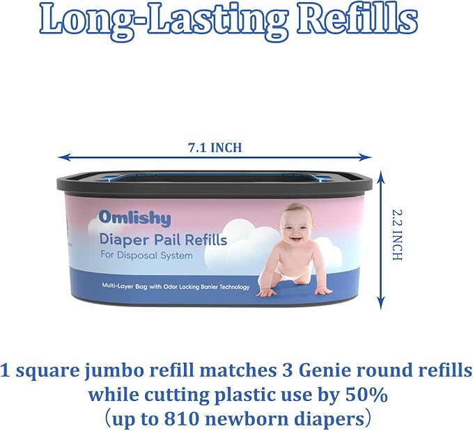 Jumbo Square Bags Refill Compatible with Diaper Genie Compact, Select Pails (Not Fit Classic), Max Odor Control, Disposal Bag Refills with Continuous Film, Holds Up to 810 Newborn Diapers, 4 Pack