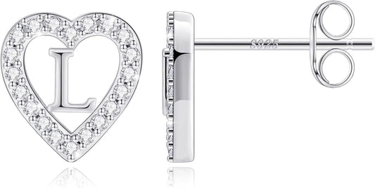 Anoup Christmas Gifts for Grandkids Girls Earrings - S925 Sterling Silver Post CZ Hypoallergenic Stud Heart Initial Earrings for Women Kids Jewelry Stocking Stuffers for Teen Girls Birthday Gifts