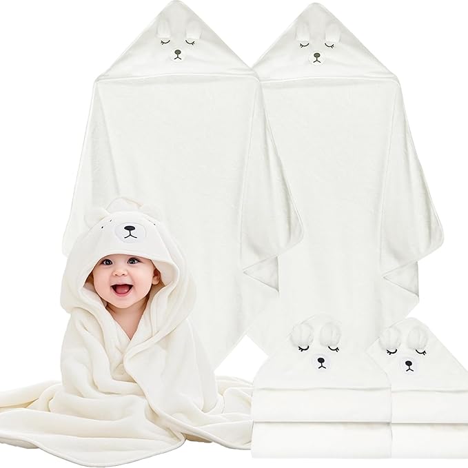 Baby Towels for Newborn Premium Coral Fleece Soft Toddler Bath Towel with Hood 2 Pack Absorbent Baby Hooded Towels Boys Girls (White)