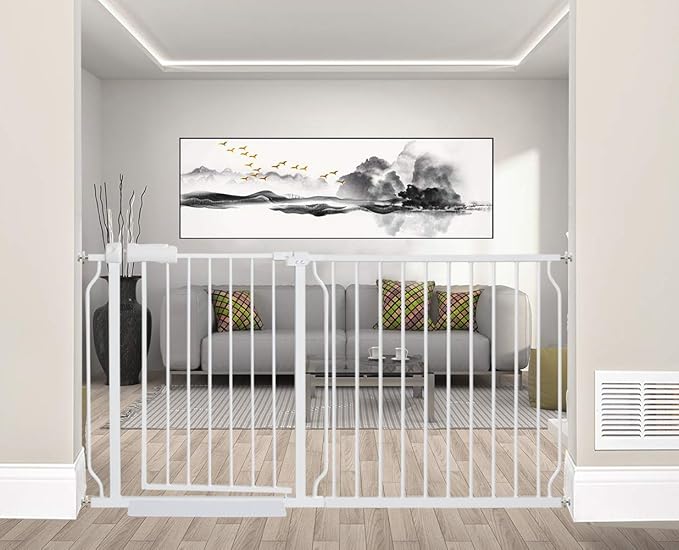 ALLAIBB Extra Wide Pressure Mounted Baby Gate Walk Through Child Kids Safety Toddler White Long Large Pet Dog Gates with Extension for doorways Kitchen and Living Room (57.48-62.20"/146-158cm)